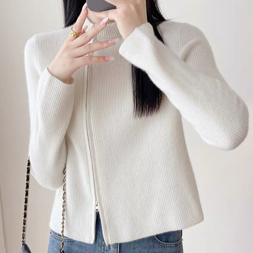 Cream Ribbed Zip-Front Knit Sweater - Picture 2 of 6